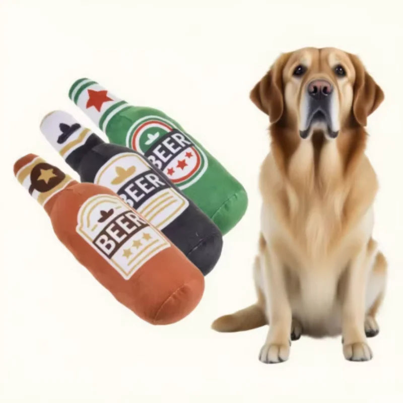 Beer Bottle Shaped Plush Dog Chew Toy Squeaky Interactive Bite-Resistant Playing Supplies for Small to Large Dogs Teeth Cleaning