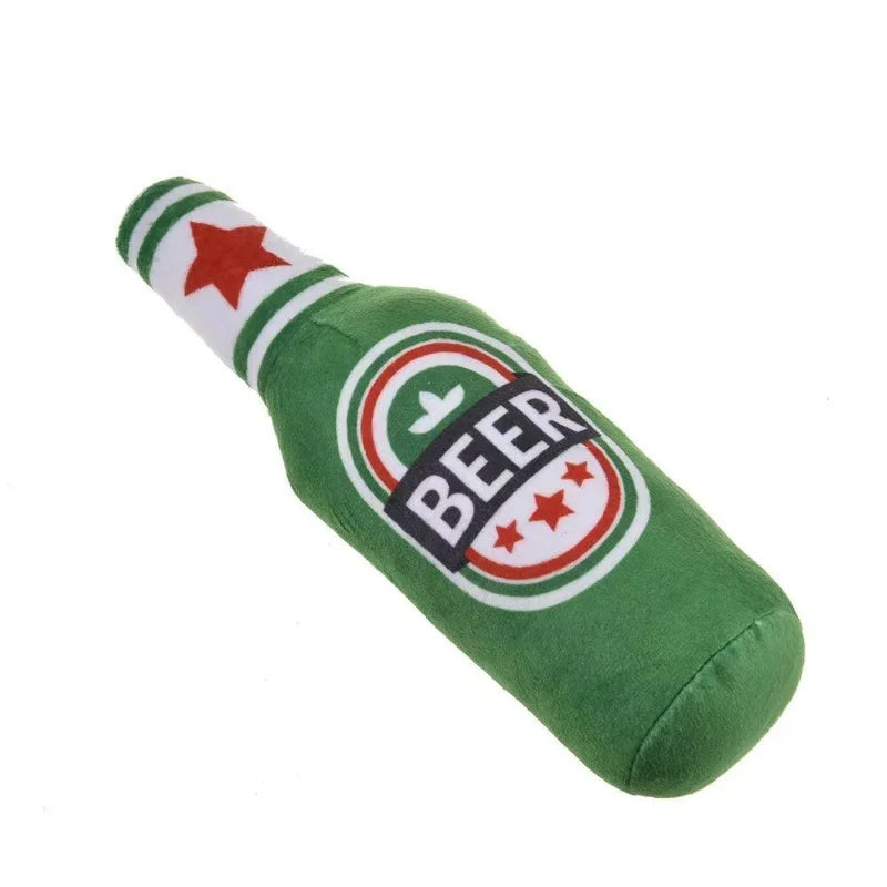 Beer Bottle Shaped Plush Dog Chew Toy Squeaky Interactive Bite-Resistant Playing Supplies for Small to Large Dogs Teeth Cleaning